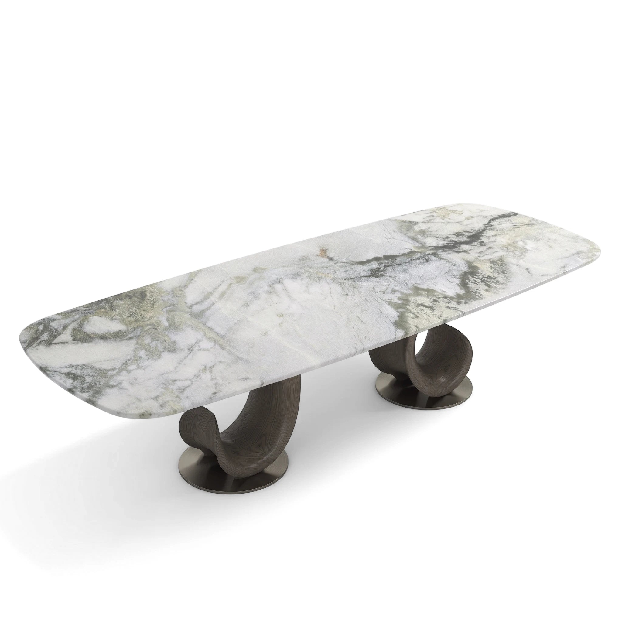 Montpellier Dining Room Table with a rectangular white and grey marble top, supported by two dark curved wooden bases on