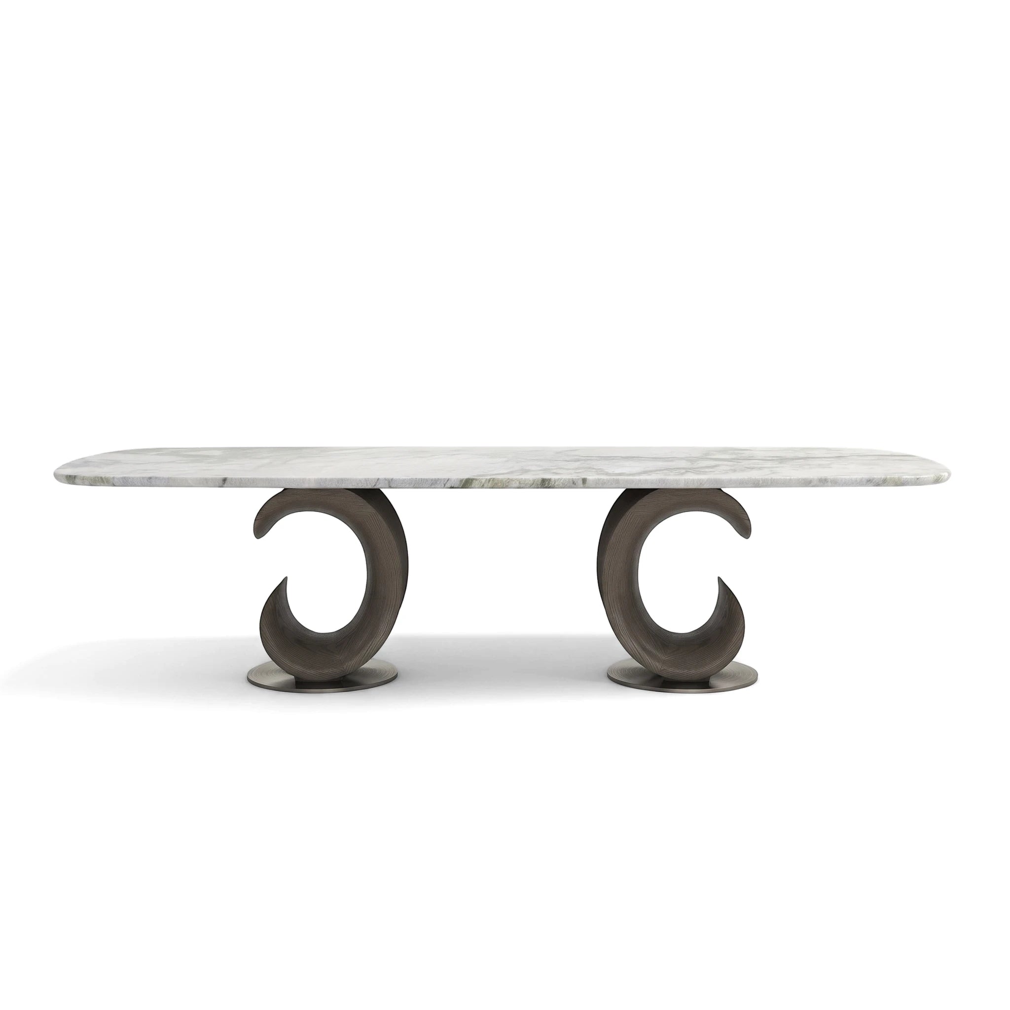 Modern Montpellier Dining Room Table with an oblong white marble top and two dark curved wooden pedestal bases.