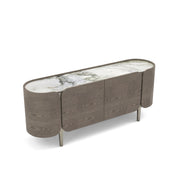 A modern Montpellier sideboard featuring a grey wood finish, rounded edges, and a white and grey marble top on sleek metal