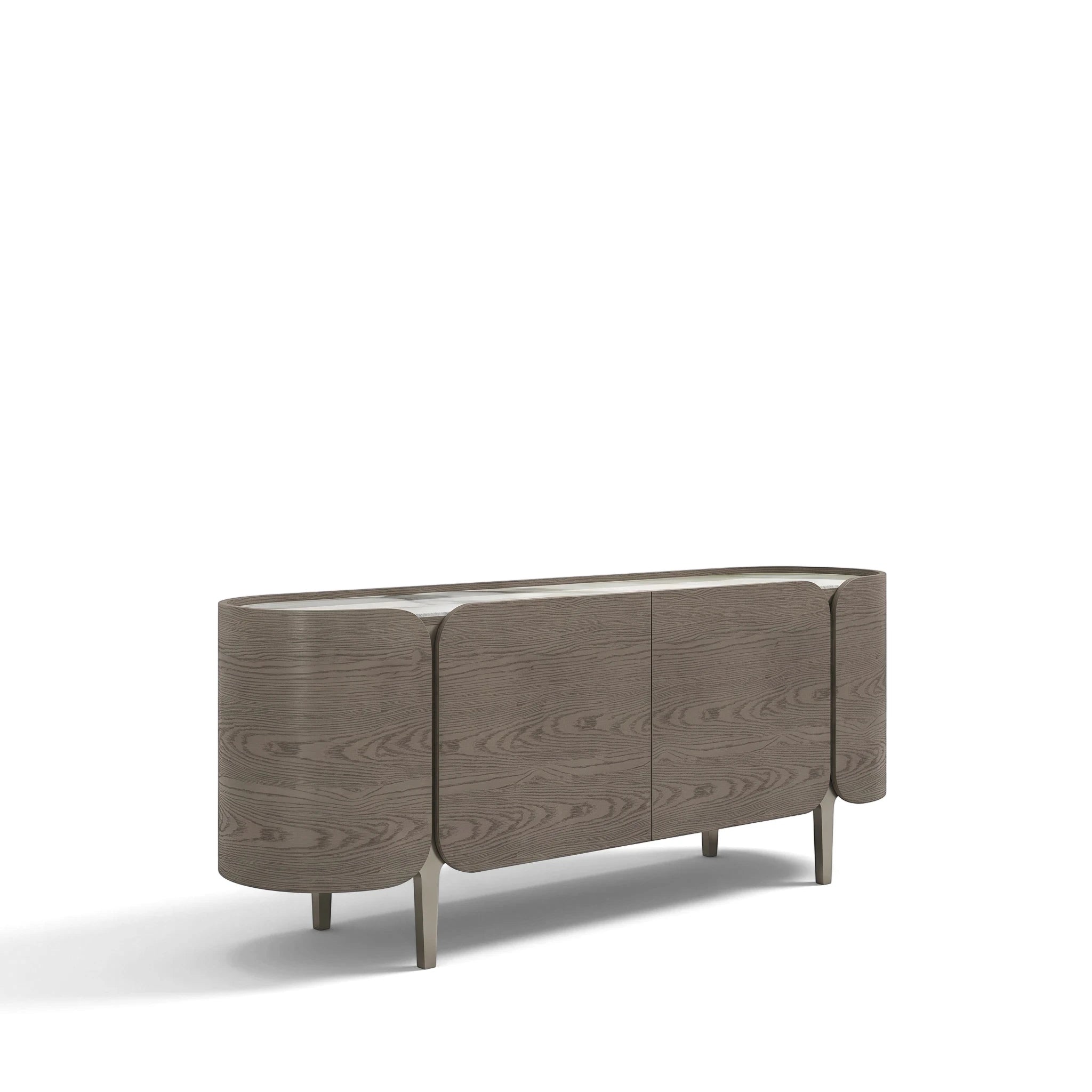 Montpellier sideboard with rounded wooden cabinets, a light marble top, and slender metal legs, presented at an angle.