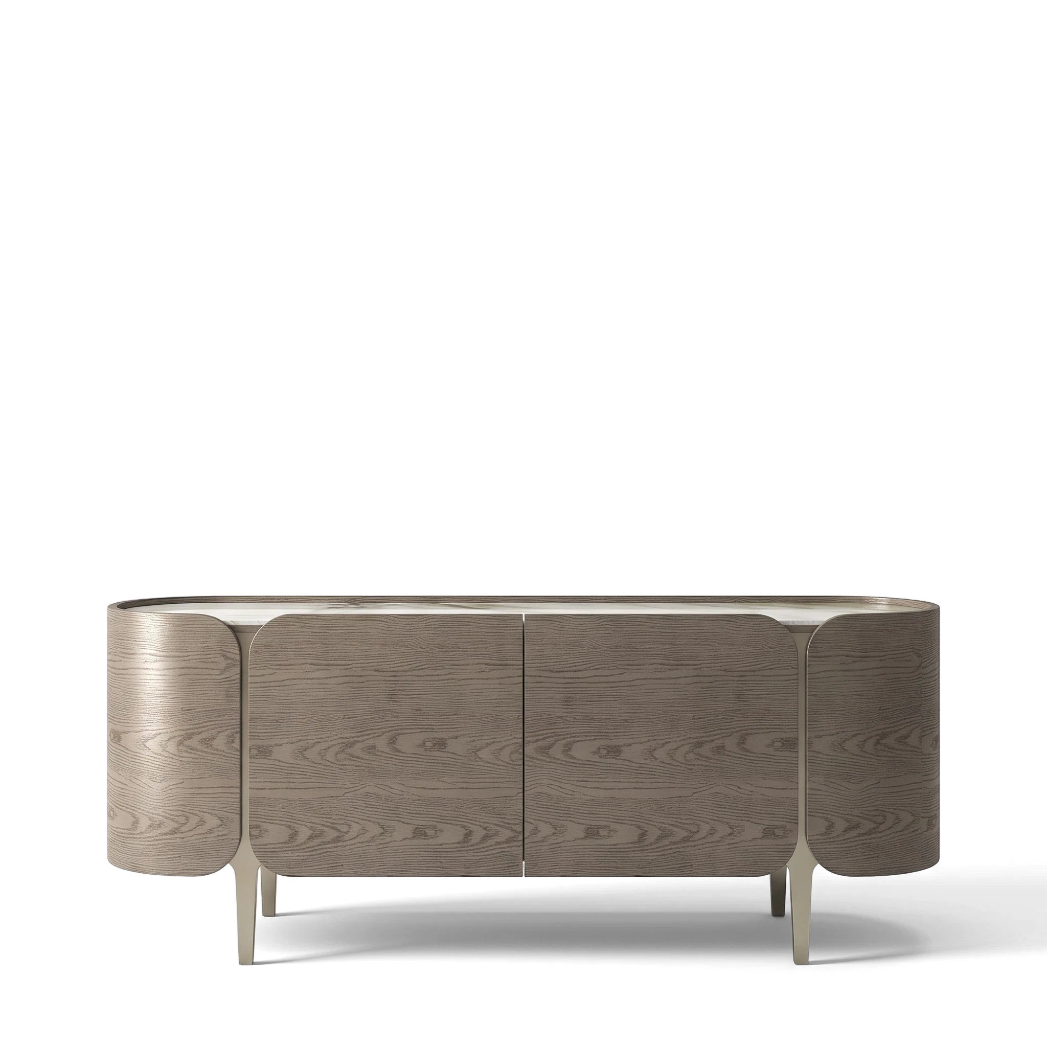 Modern Montpellier sideboard featuring two wooden doors, a sleek marble top, and elegant metallic legs, photographed on a