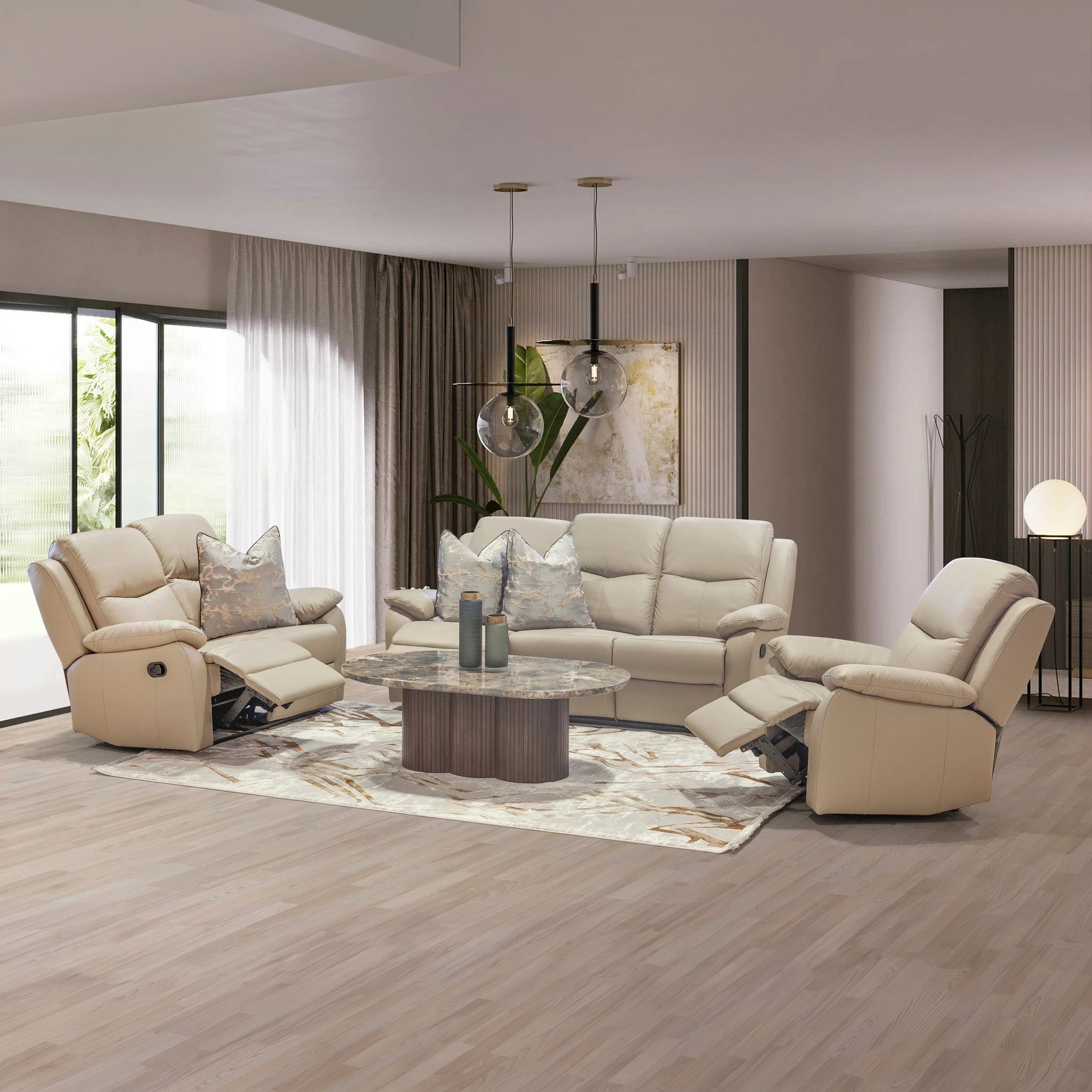 Montrose 5 Action Recliner Lounge Suite in beige leather with multiple reclining seats and modern living room setup.