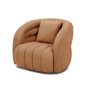 Brown upholstered Morris swivel chair with channel tufting and a matching throw pillow, presented from a front-right view.