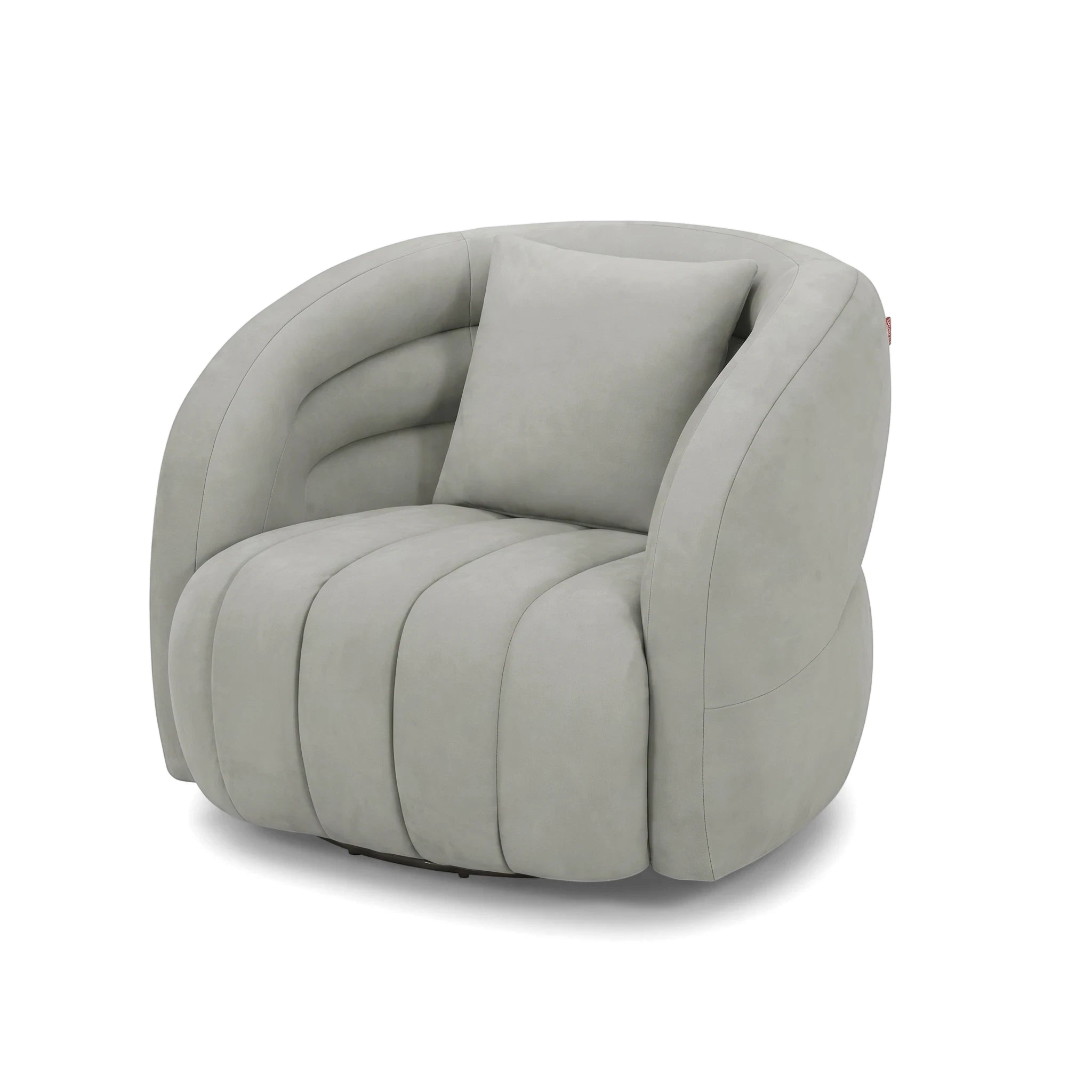 Modern Morris Swivel Chair in light grey upholstered fabric with channel tufting and a matching throw pillow on a white