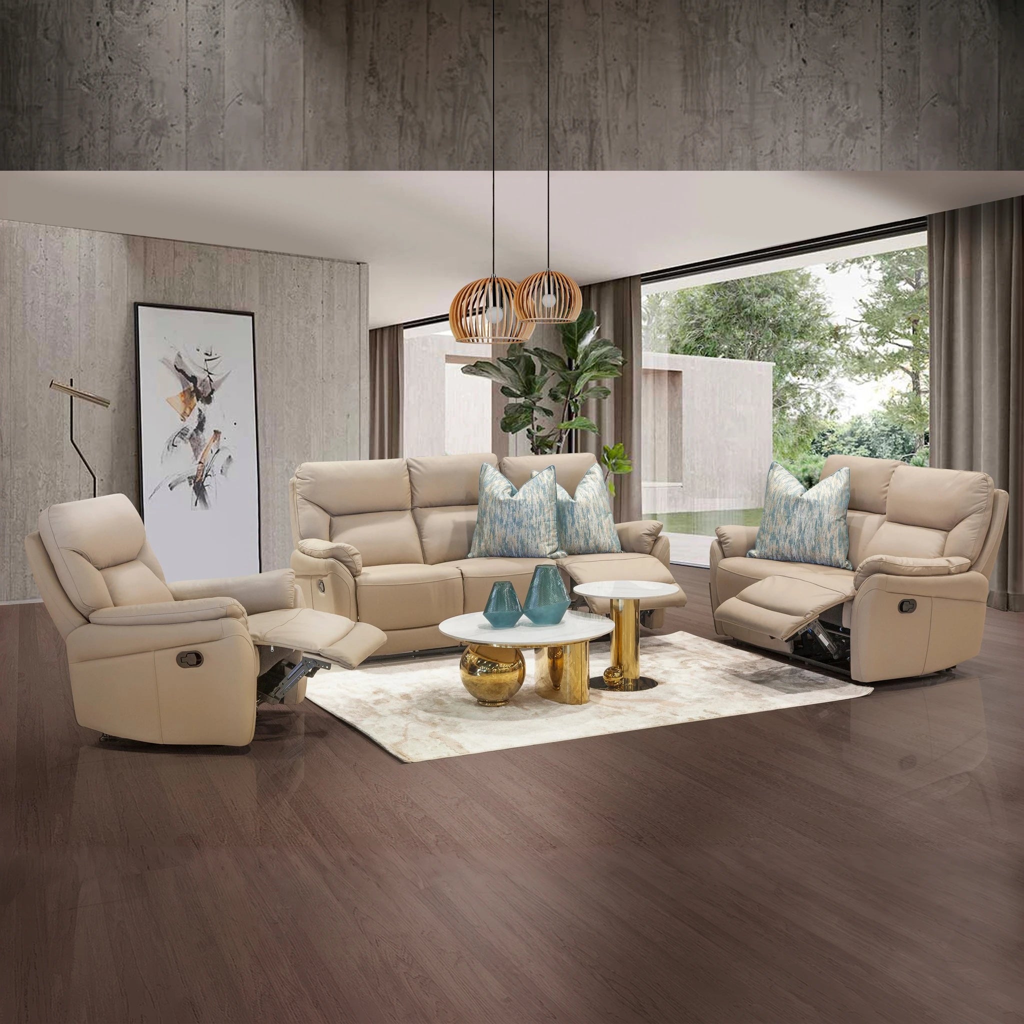 Orlando 5 Action Recliner Lounge Suite in beige leatherette with plush cushions and blue accent pillows for a comfortable,