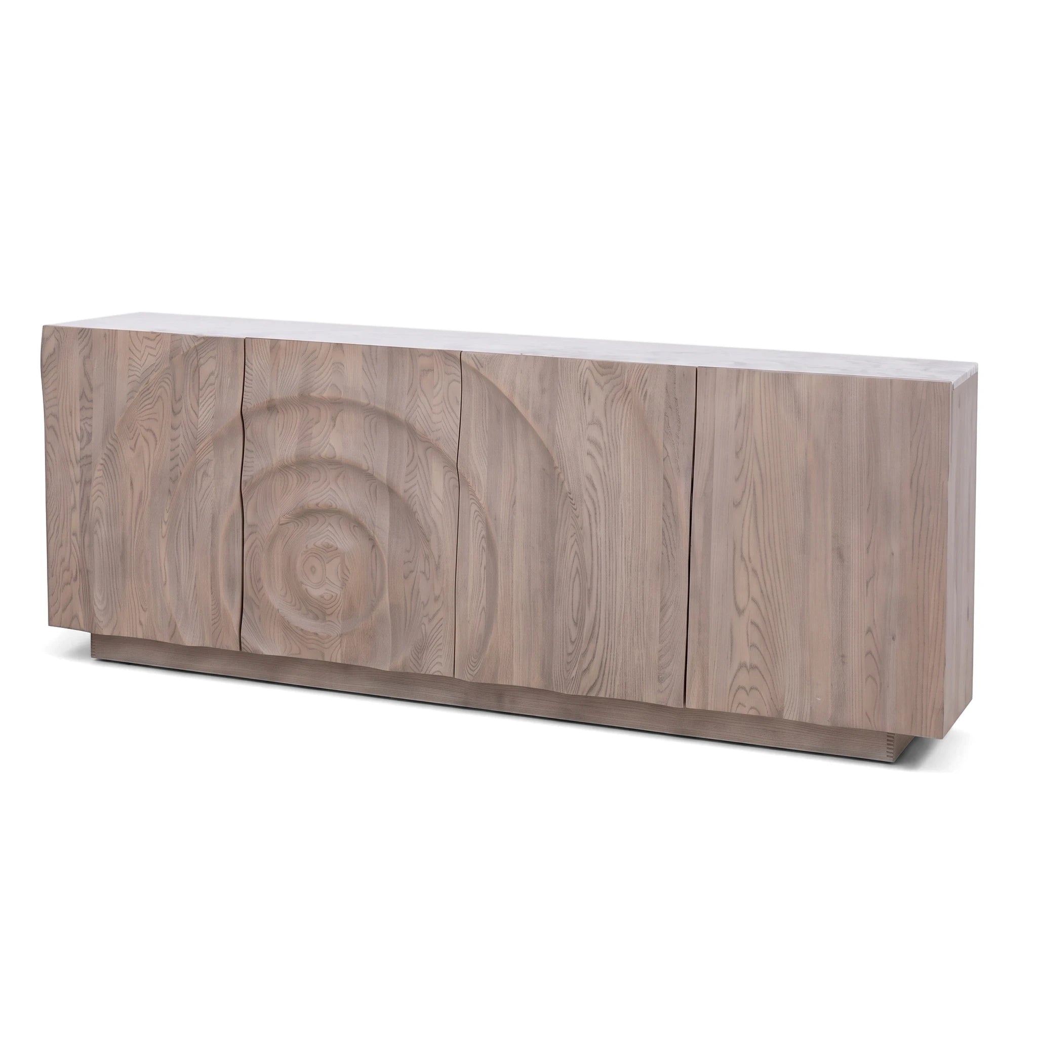 Pamona Sideboard made of light wood, featuring four doors with unique carved concentric circular patterns on the front.