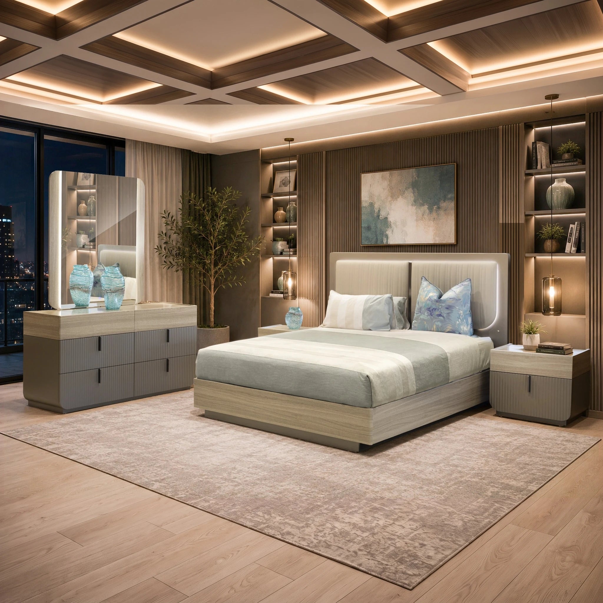 Pavia 3 Piece Bedroom Suite in taupe with an upholstered headboard and matching nightstands and dresser for a modern