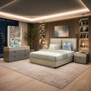 Pavia dressing table and mirror in taupe finish, modern bedroom vanity with decorative accessories and soft lighting.