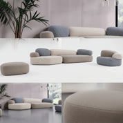 Pebble Lounge Suite + Ottoman 4 piece set in beige-grey upholstered fabric, modular sofa with matching ottoman