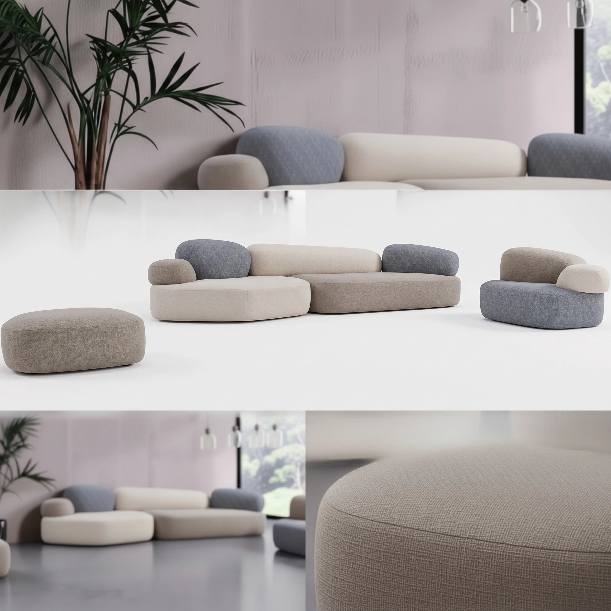 Pebble Lounge Suite + Ottoman 4 piece set in beige-grey upholstered fabric, modular sofa with matching ottoman