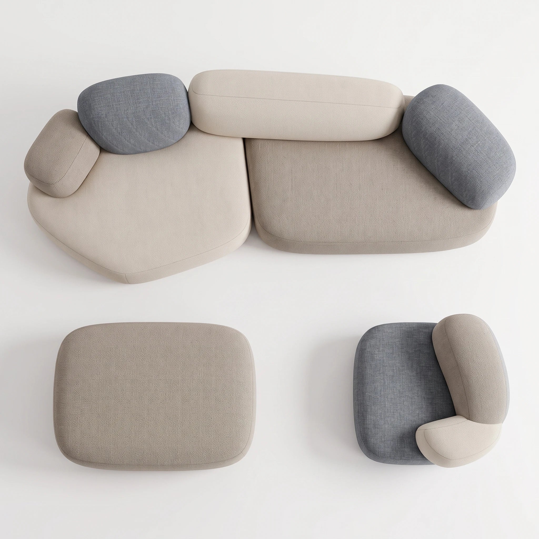 Pebble Lounge Suite + Ottoman 4 piece in beige-grey fabric, modular seats with rounded cushions, top view.