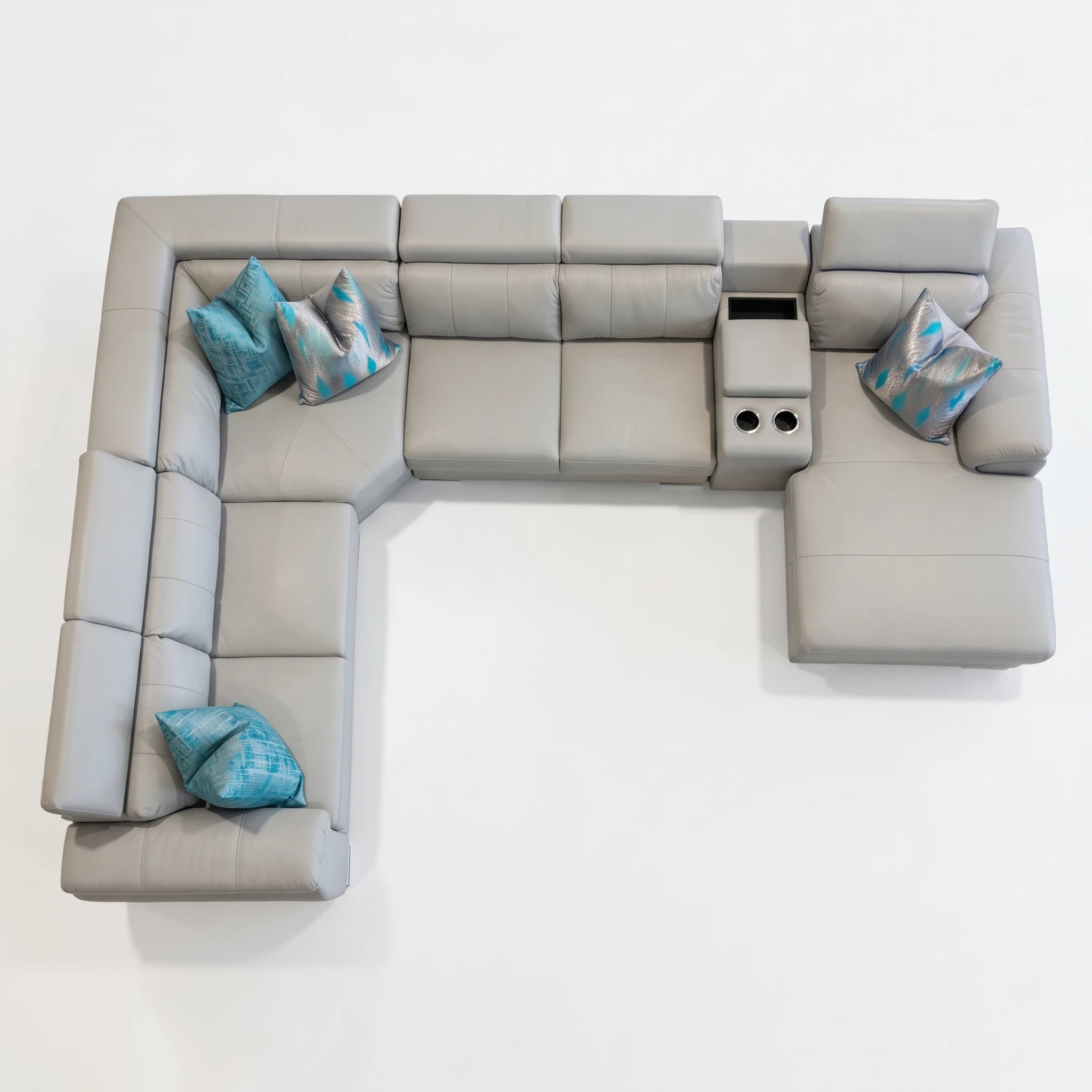 Perissa Corner Lounge Suite Grey 5Pc sectional sofa set, top view with chaise and built-in cup holders.
