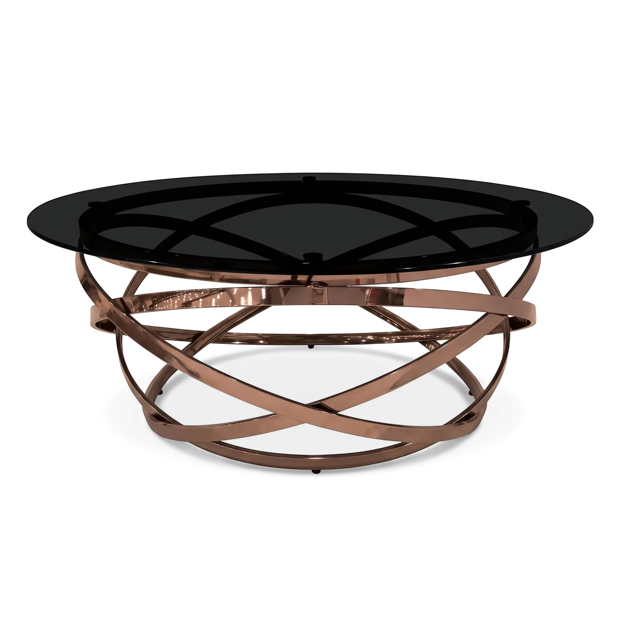 Peyton Coffee Table with a round black glass top and an intricate rose gold metallic crisscross base, viewed from an angle.