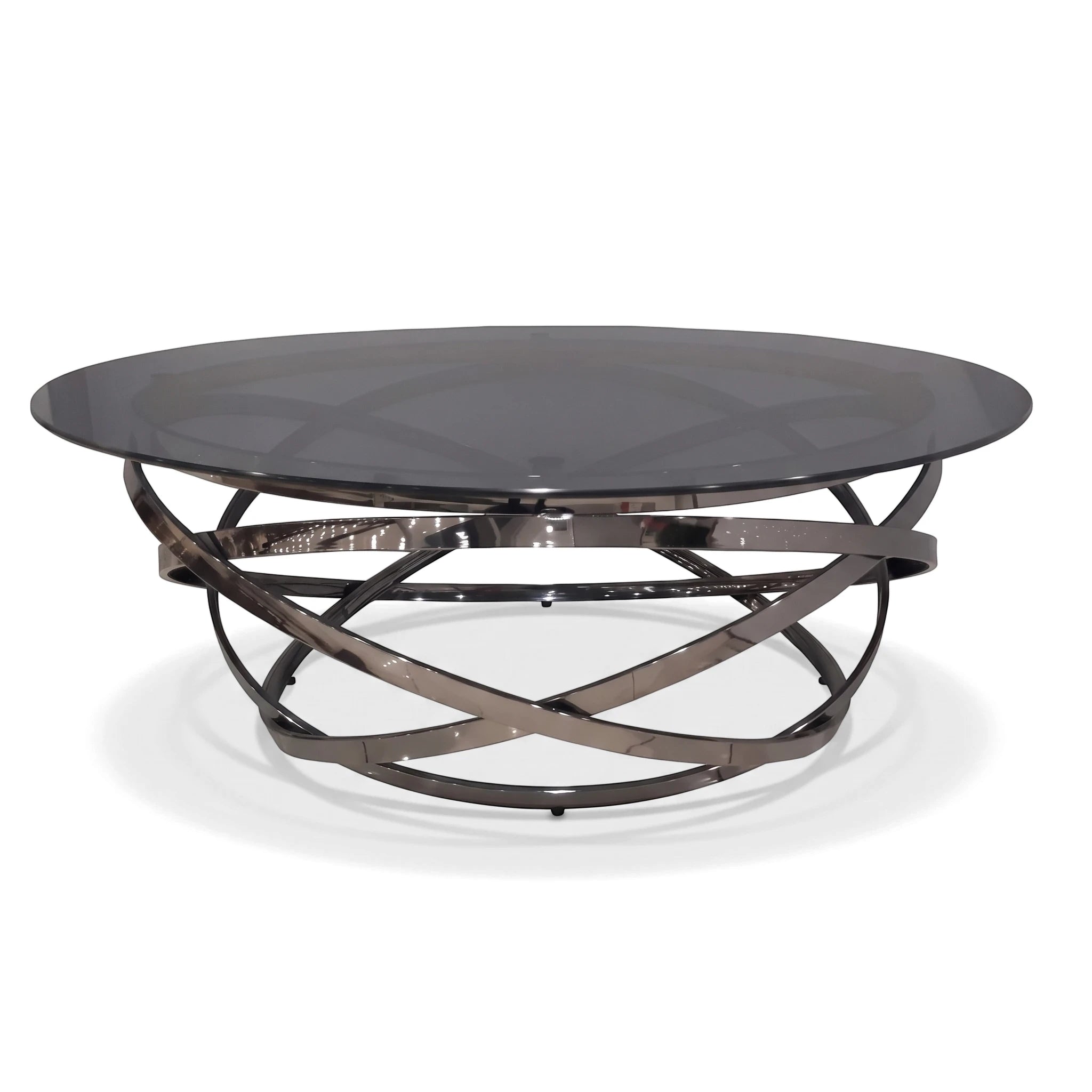 Peyton Coffee Table with a round dark glass top and intertwining dark metallic base, shot from a slightly elevated angle.