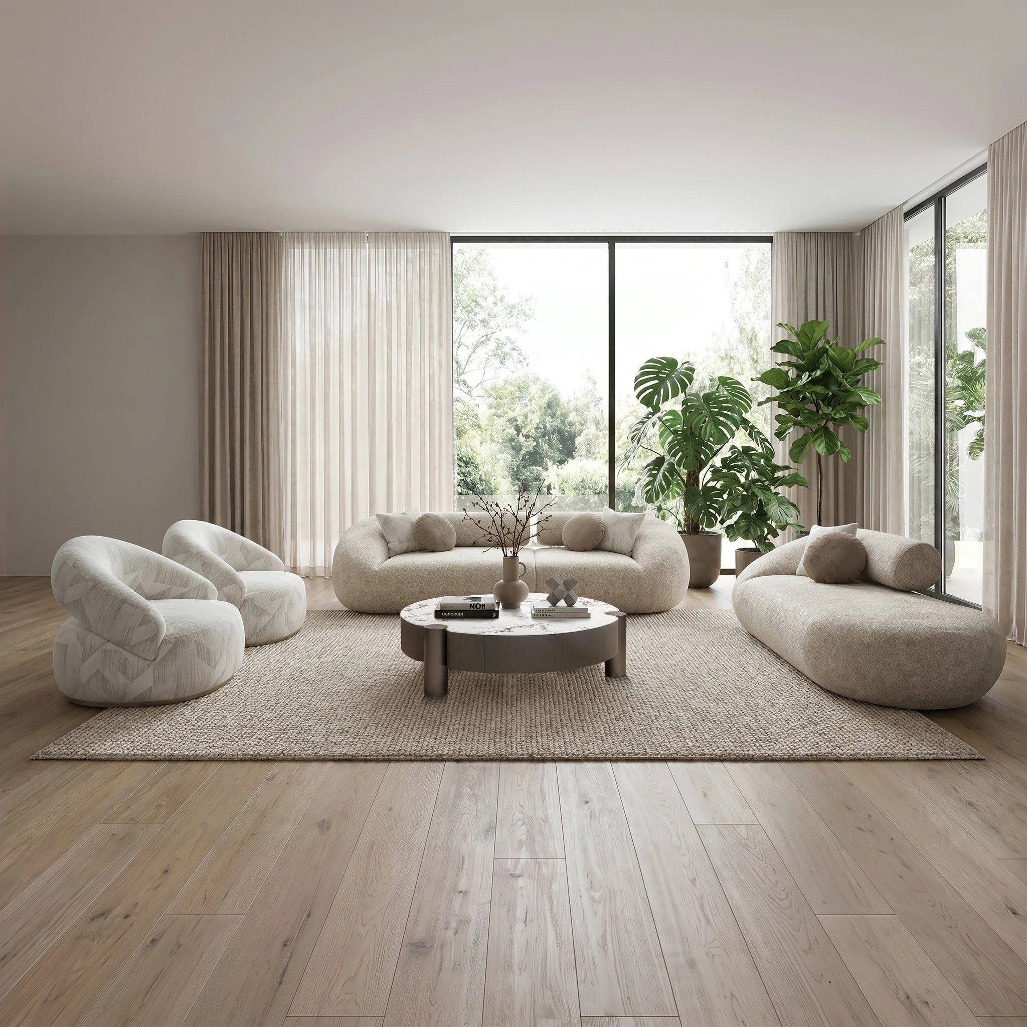 Pizzazz Lounge Suite in warm beige fabric with rounded modular seats in a bright living room, paired with greenery.