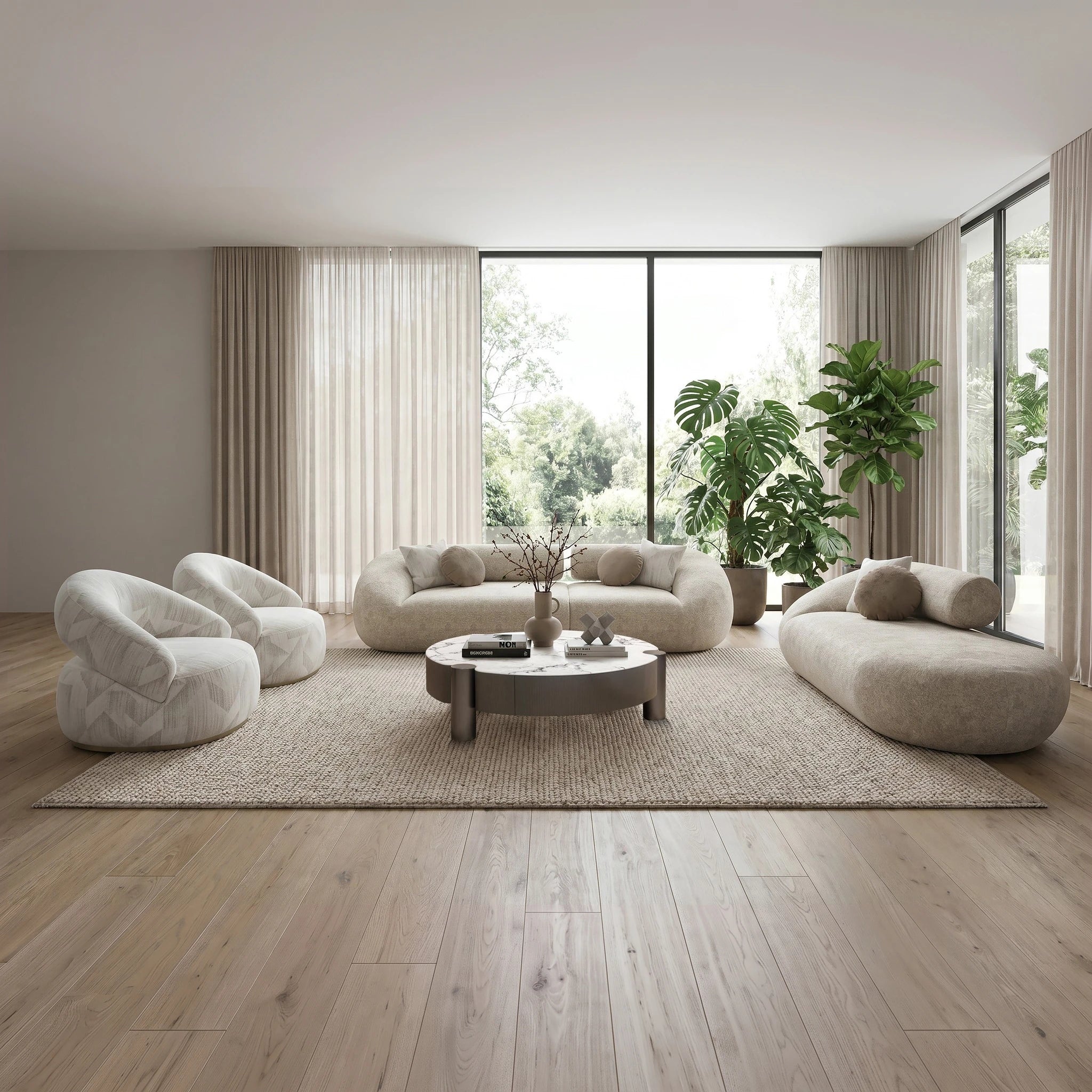 Pizzazz Swivel Chair in beige textured fabric with a rounded, plush silhouette, showcased in a contemporary living room.