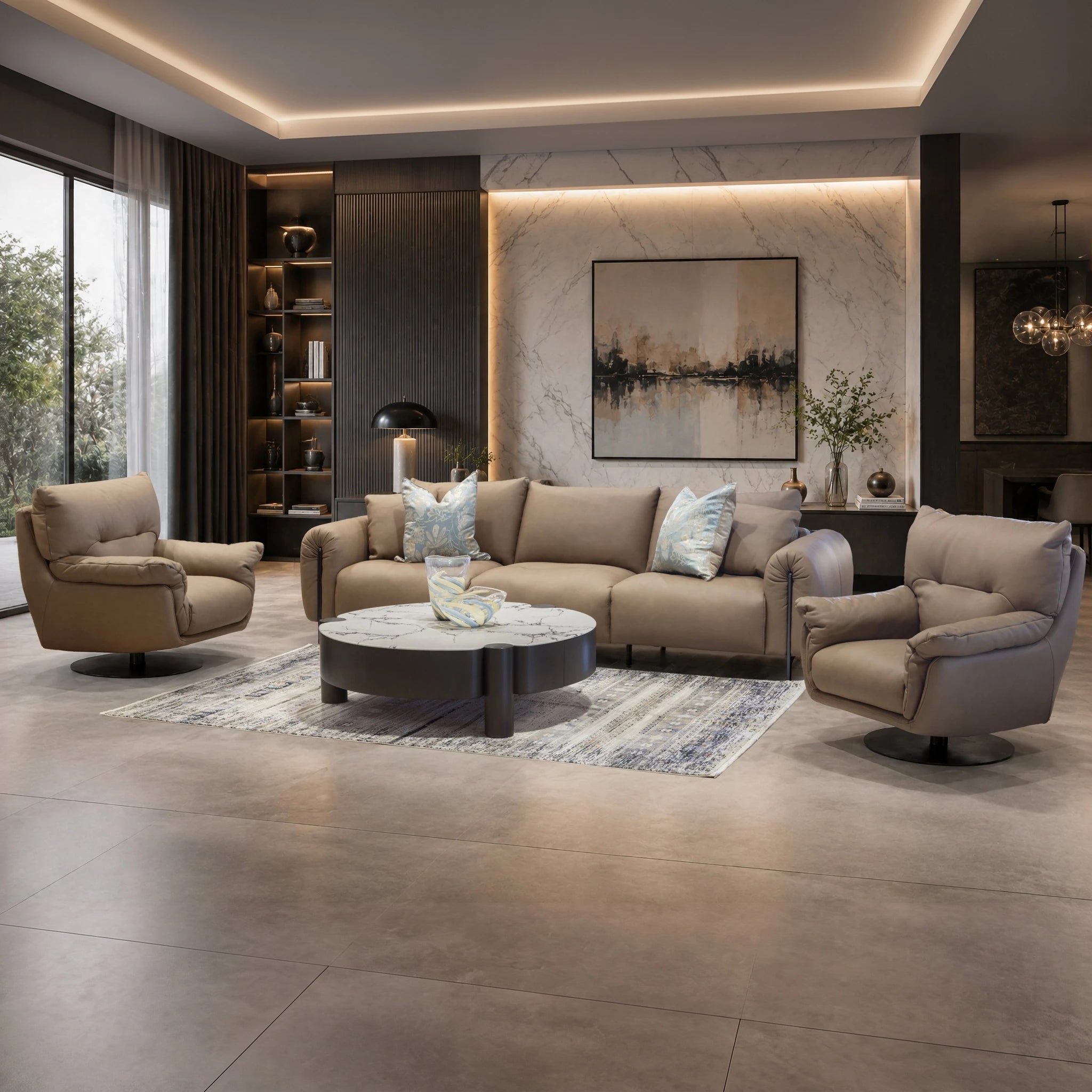 Preston Lounge Suite in beige leather with plush cushions and blue patterned throw pillows in a modern living room.
