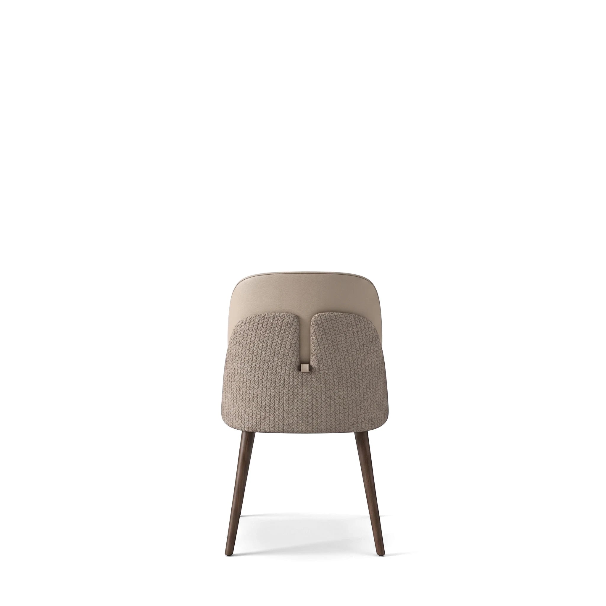 Back view of a Reims Dining Room Chair featuring a beige upholstered seat and a textured backrest panel, supported by dark