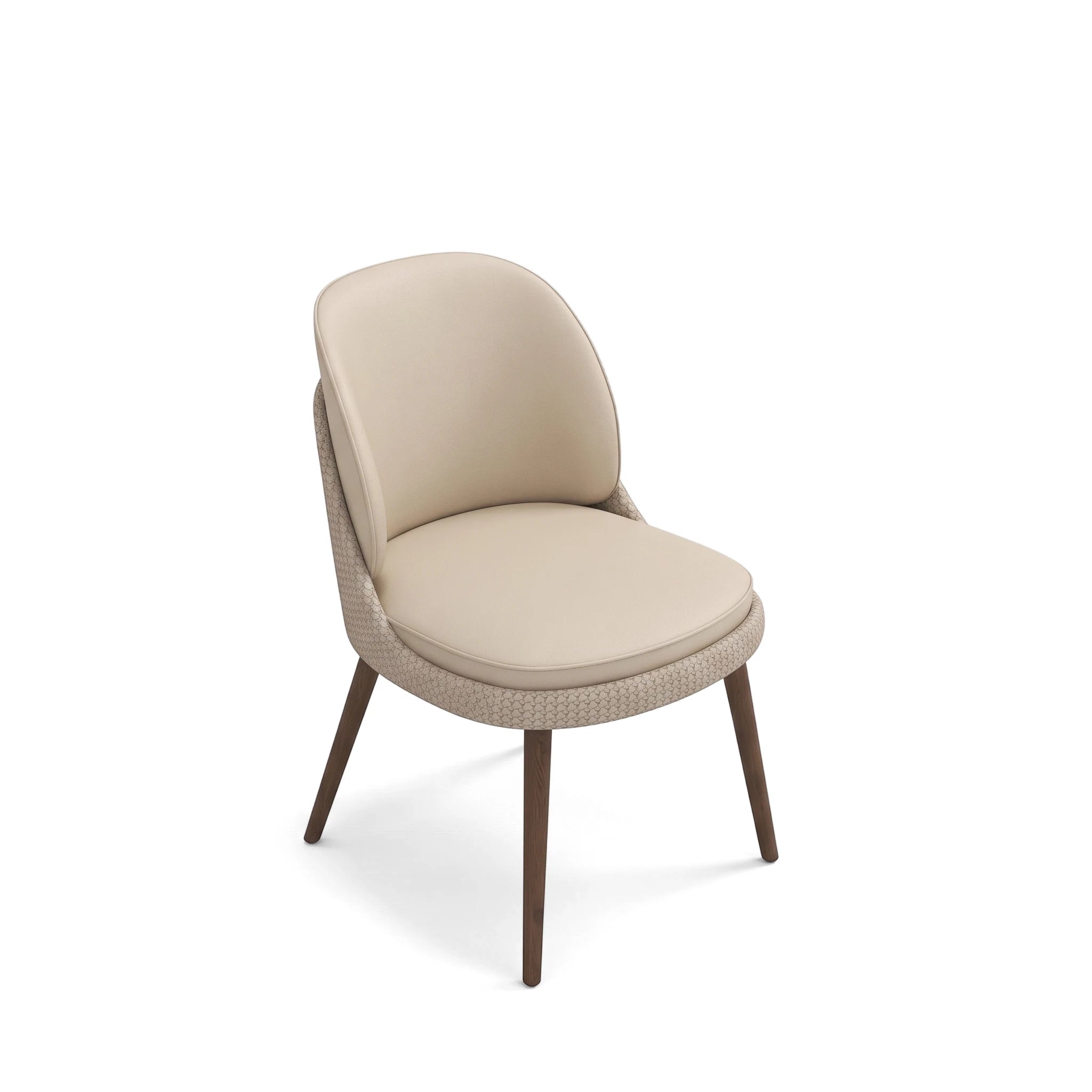 Reims dining room chair with light beige upholstered seat and back, woven textured sides, and dark wooden tapered legs,