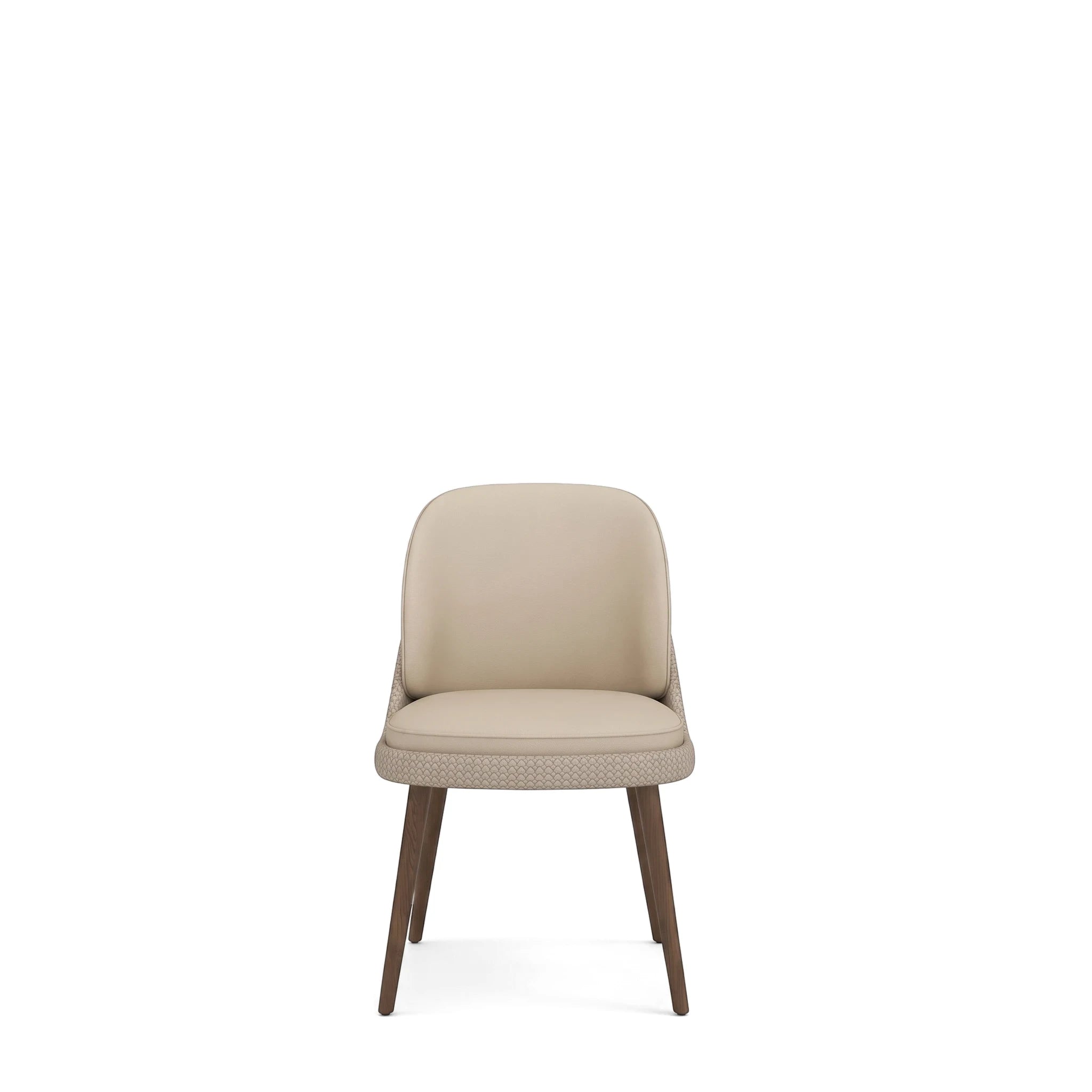 A beige upholstered Reims dining chair with dark wood legs, featuring a textured pattern, viewed from the front.