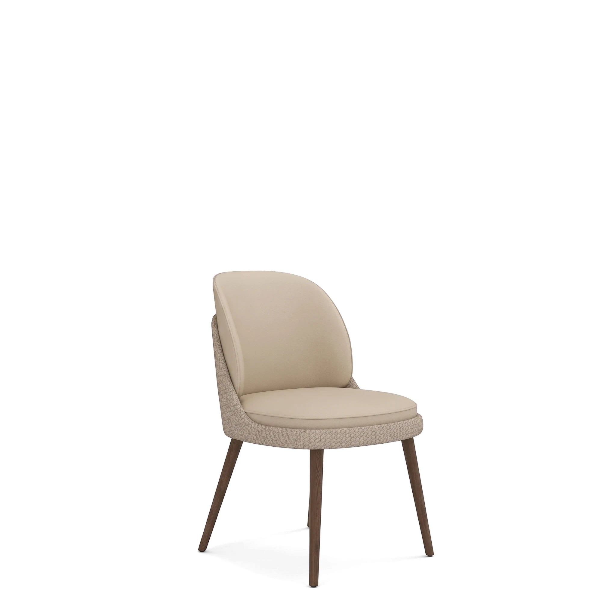 Beige upholstered Reims dining room chair with dark wood legs, shown from a front-three-quarter view on a white background.