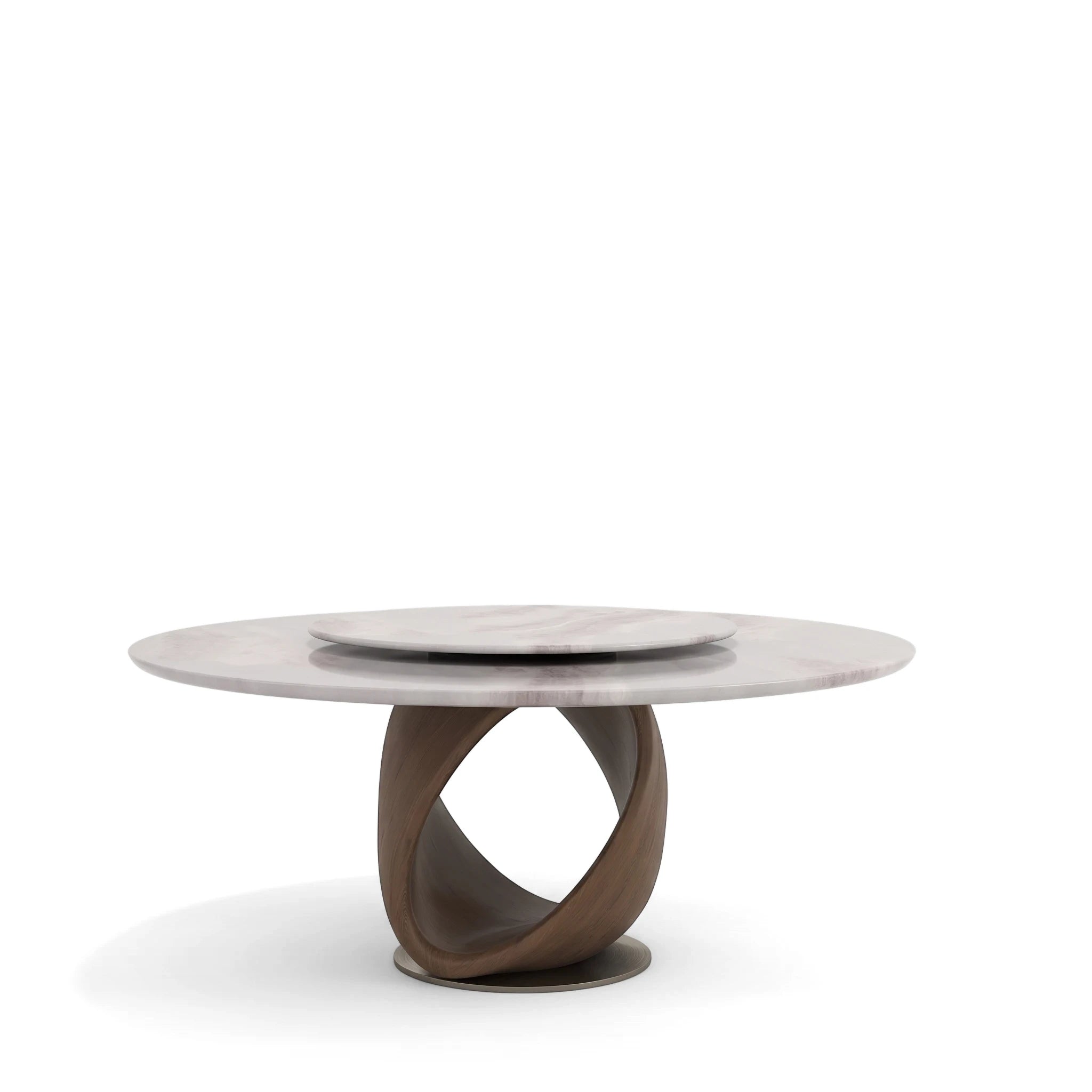 Reims dining room table with a white marble top and a unique twisted dark wood base, designed for modern interiors.