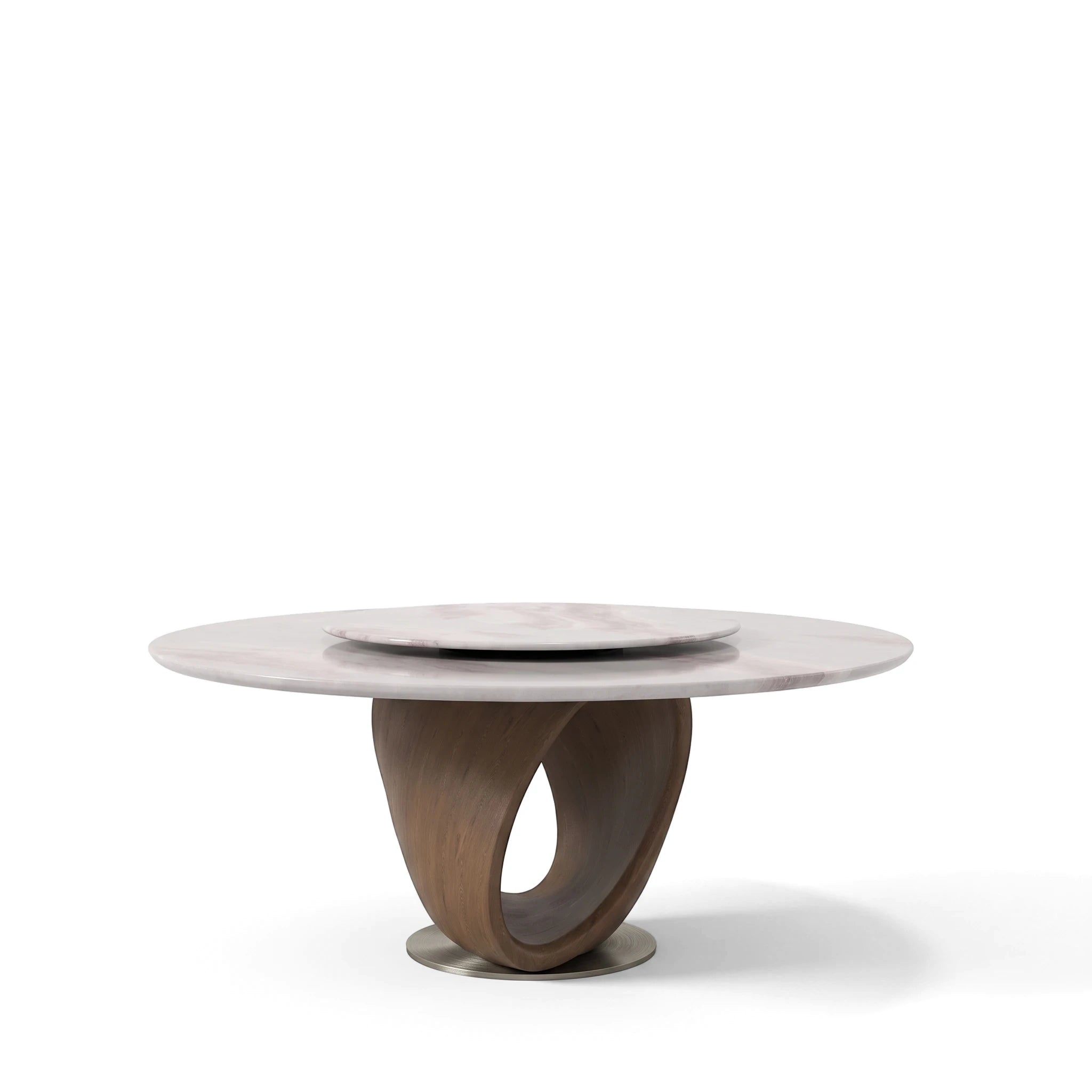 REIMS DININGROOM TABLE with a white marble top, a matching lazy Susan, and a unique sculptural wooden base.