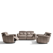 Three-piece Riley lounge suite in light taupe leather, featuring a two-seater sofa and two recliner armchairs, studio shot.