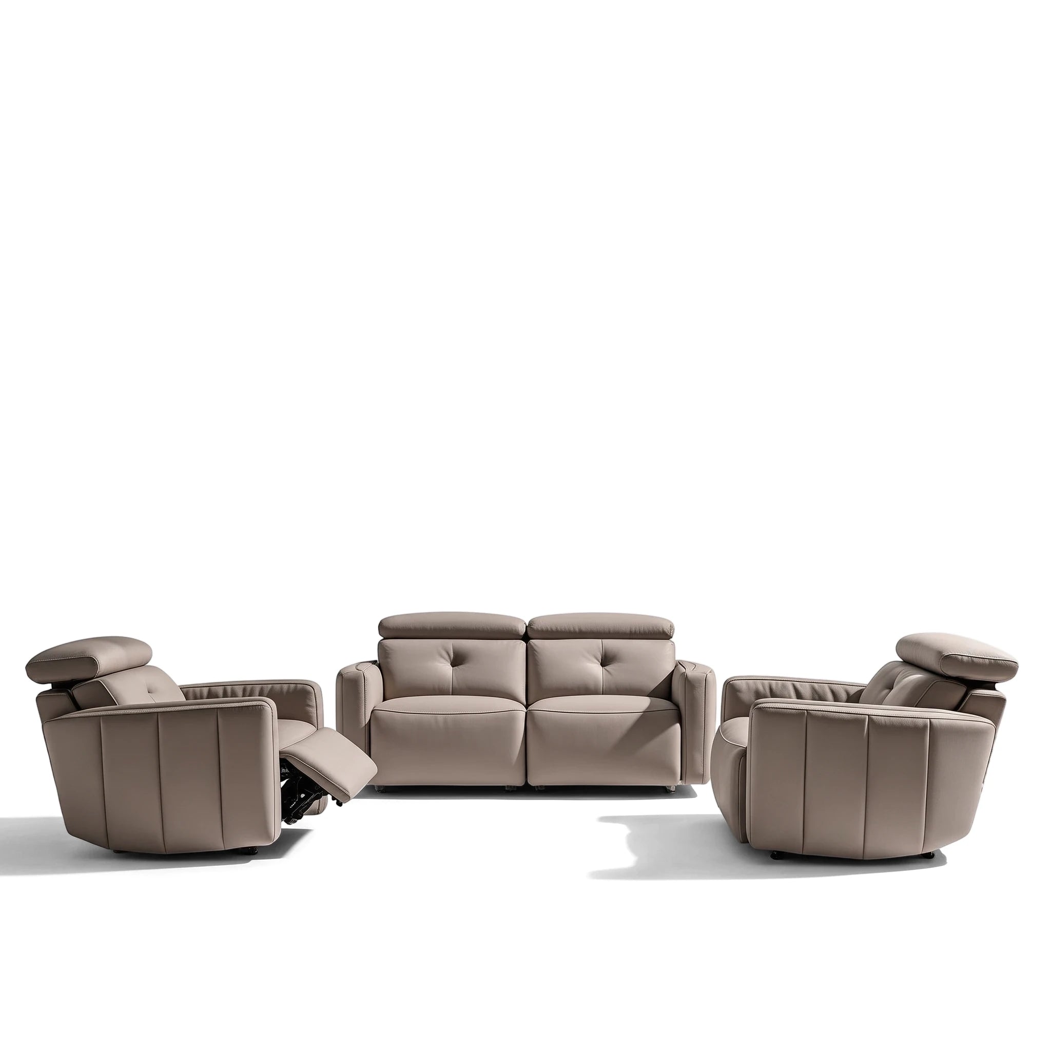 Three-piece Riley lounge suite in light taupe leather, featuring a two-seater sofa and two recliner armchairs, studio shot.