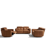 Front view of a three-piece Riley Lounge Suite in brown leather, featuring a two-seater sofa and two recliner armchairs.