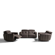 Modern brown leather three-piece Riley Lounge Suite, including a two-seater sofa and two armchairs, one with an extended