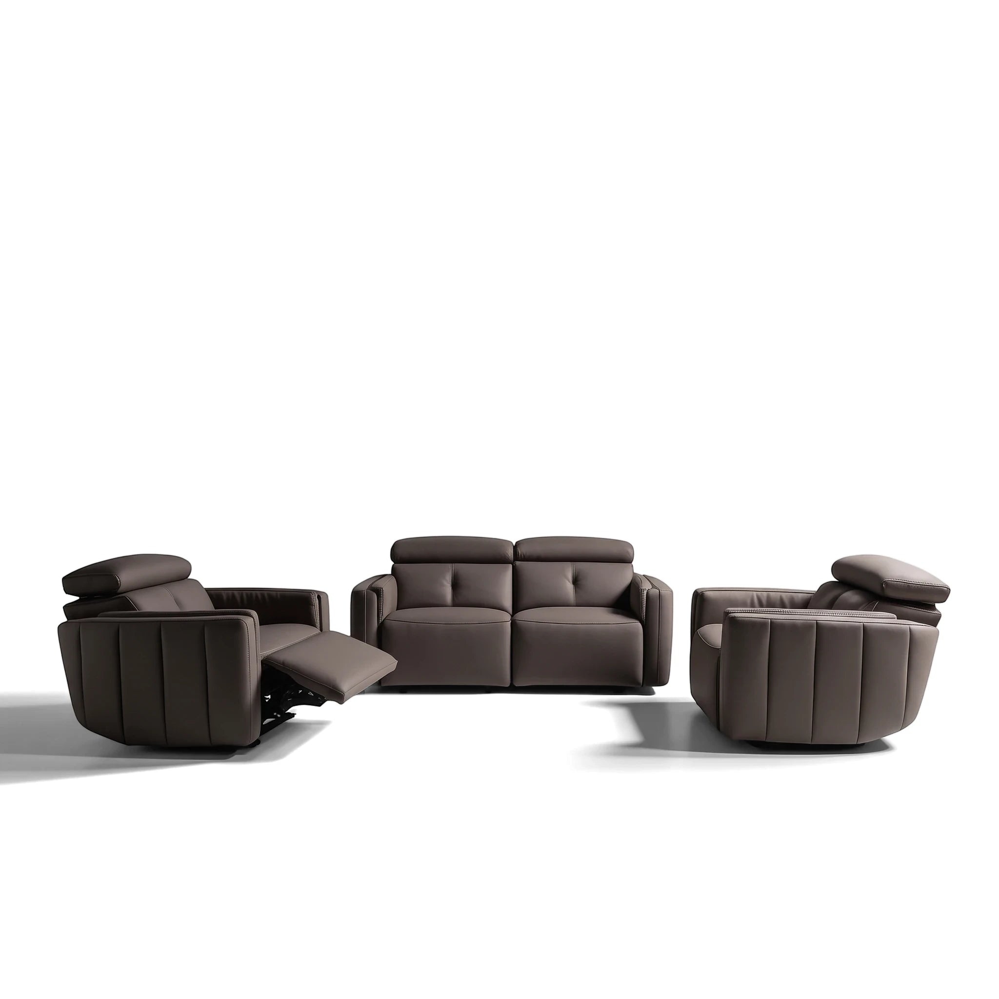 Modern brown leather three-piece Riley Lounge Suite, including a two-seater sofa and two armchairs, one with an extended