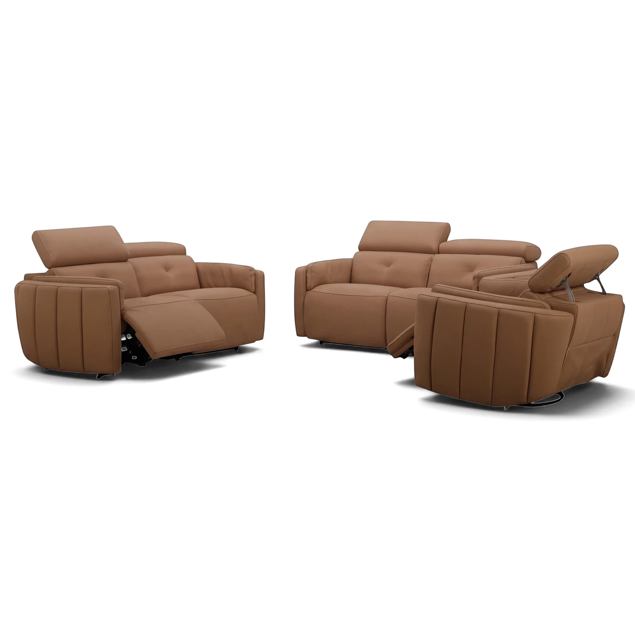 Modern brown upholstered Riley Lounge Suite, a three-piece set including a two-seater sofa and two reclining armchairs.