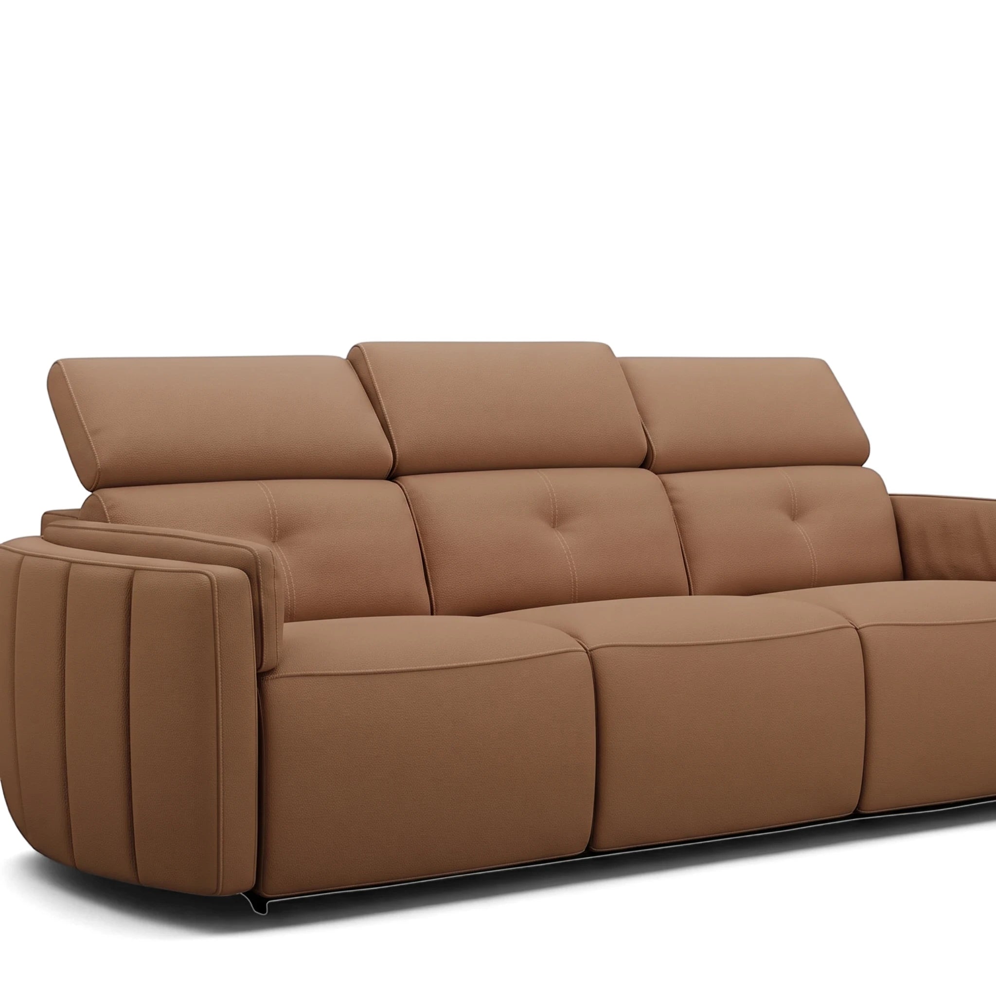 Modern tan leatherette three-seater Riley Lounge Suite with adjustable headrests, angled view.
