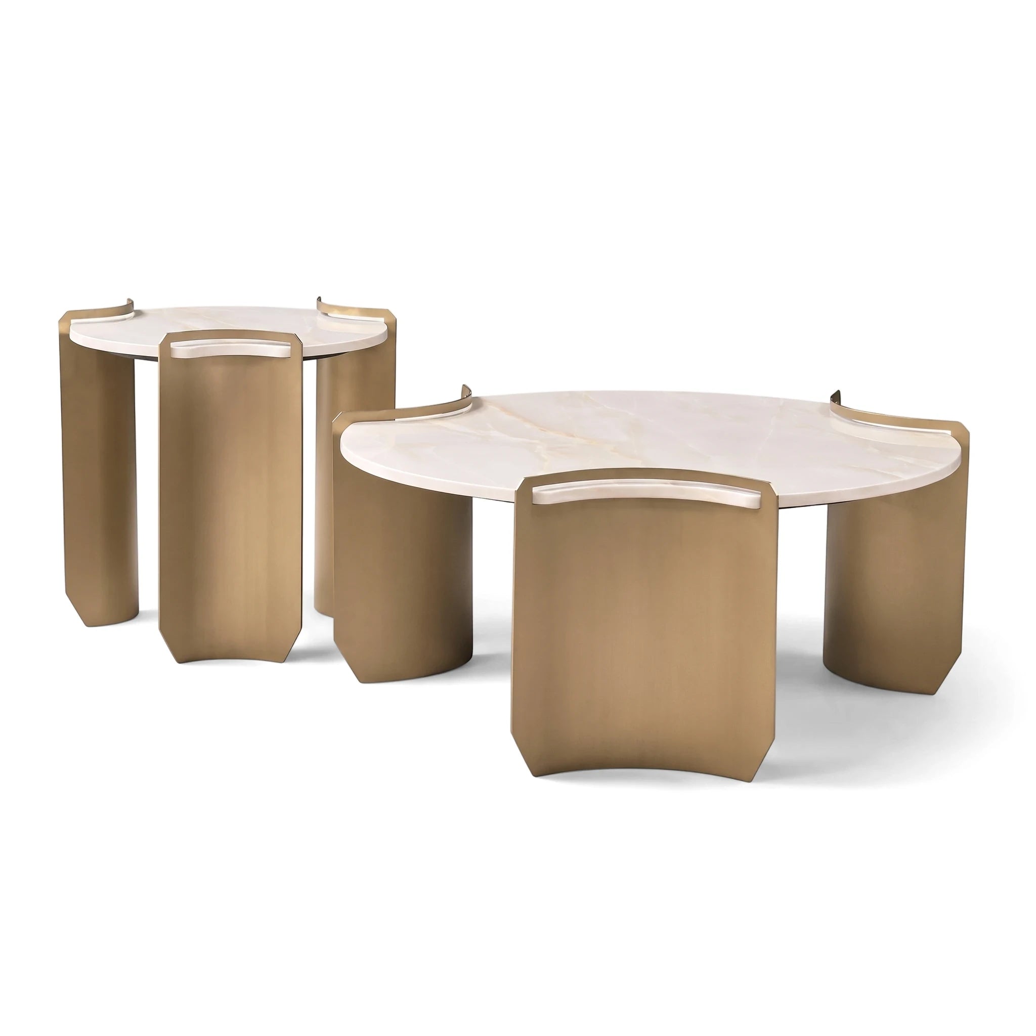 Rocco 2-piece coffee table set with white marble tops and curved champagne metal bases, presented on a white background.