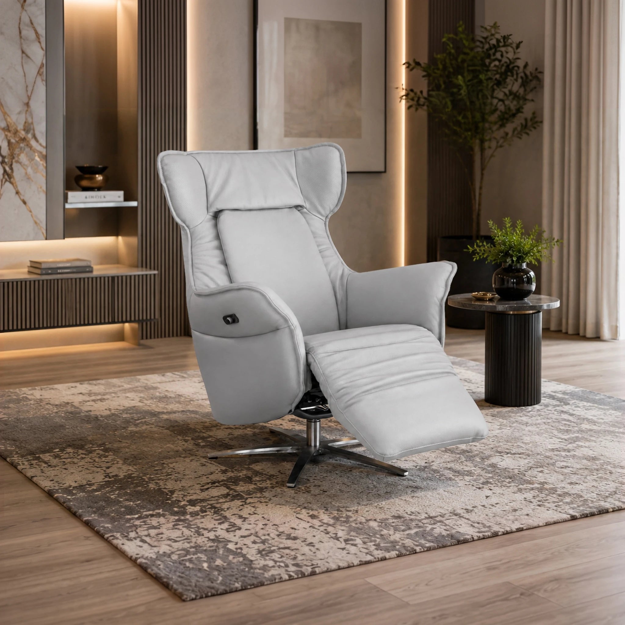 Rochdale power recliner chair in light grey upholstery with padded headrest and full chaise reclining for relaxing comfort.