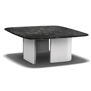 Rovigo coffee table featuring a sophisticated black marble top and a clean white square pedestal base, viewed from a high