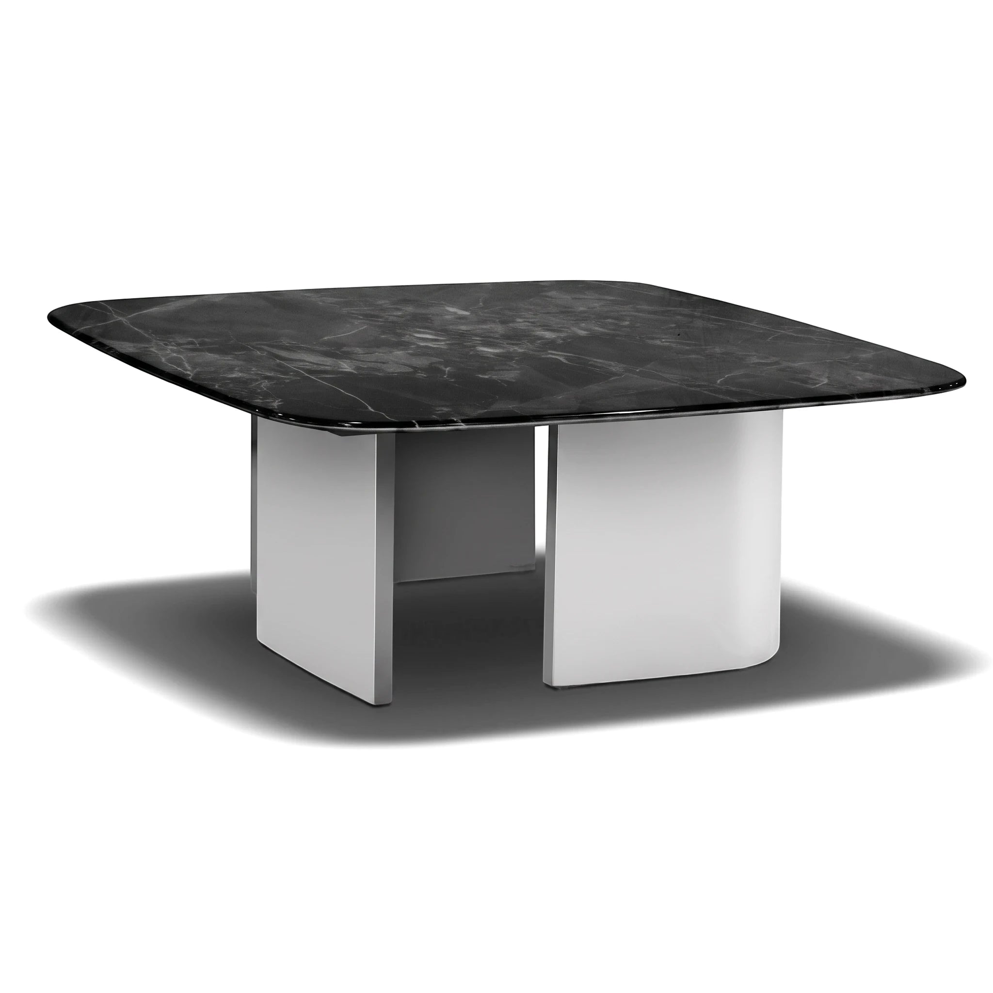 Rovigo coffee table featuring a sophisticated black marble top and a clean white square pedestal base, viewed from a high
