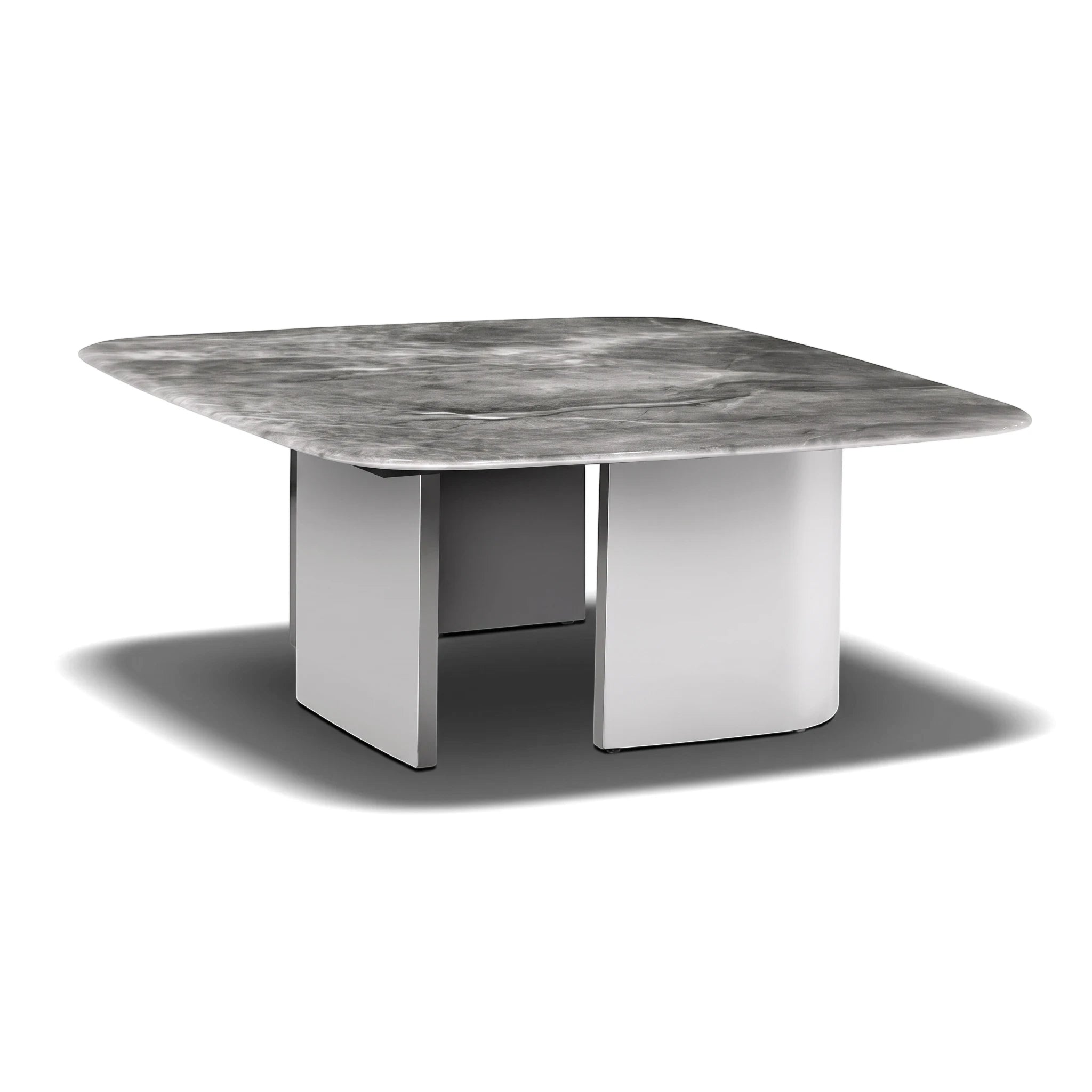 Rovigo coffee table with a square gray marble top and white rectangular legs, presented at an angle on a white background.