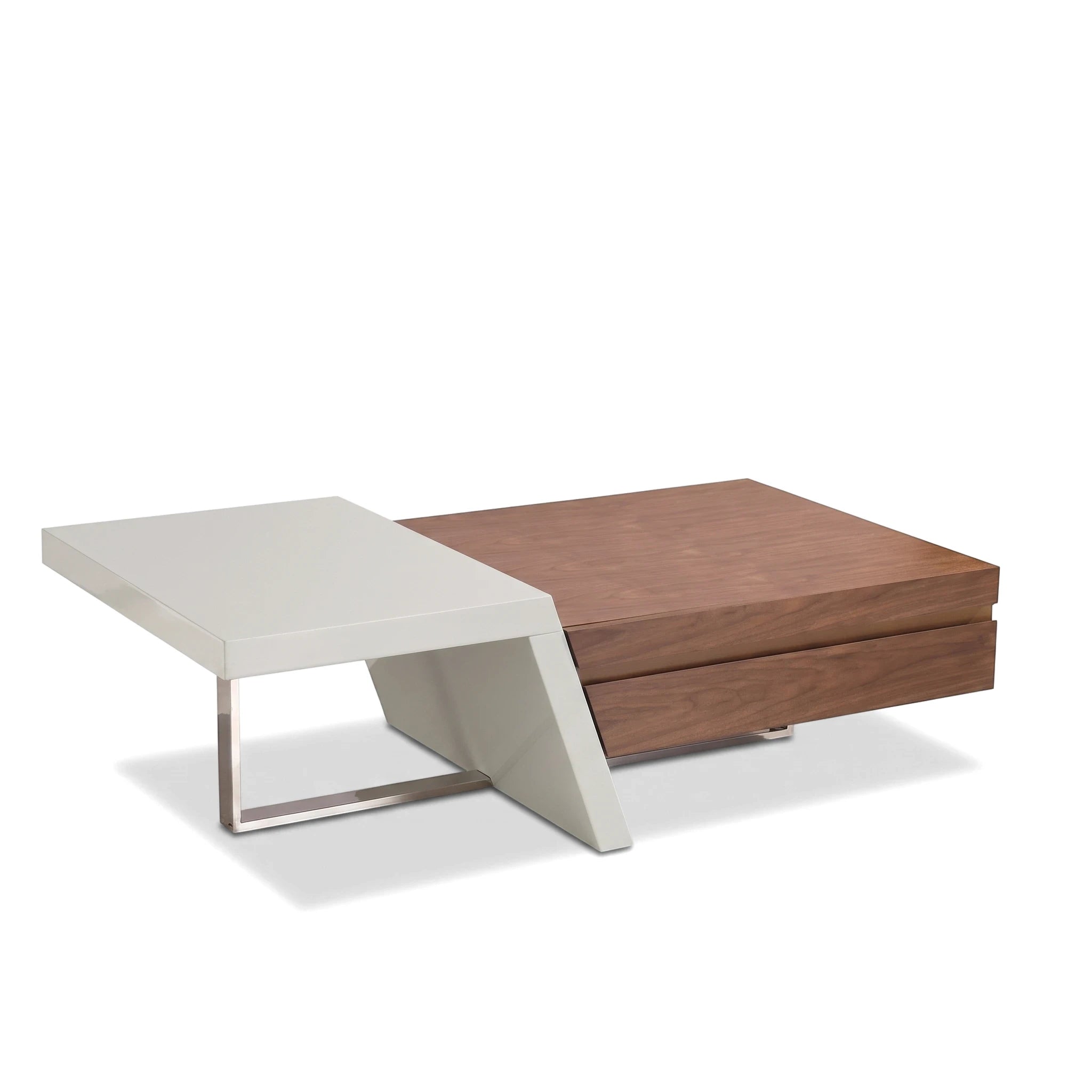Modern Saigon MK2 coffee table with a light grey top and walnut finish, featuring integrated storage drawers.