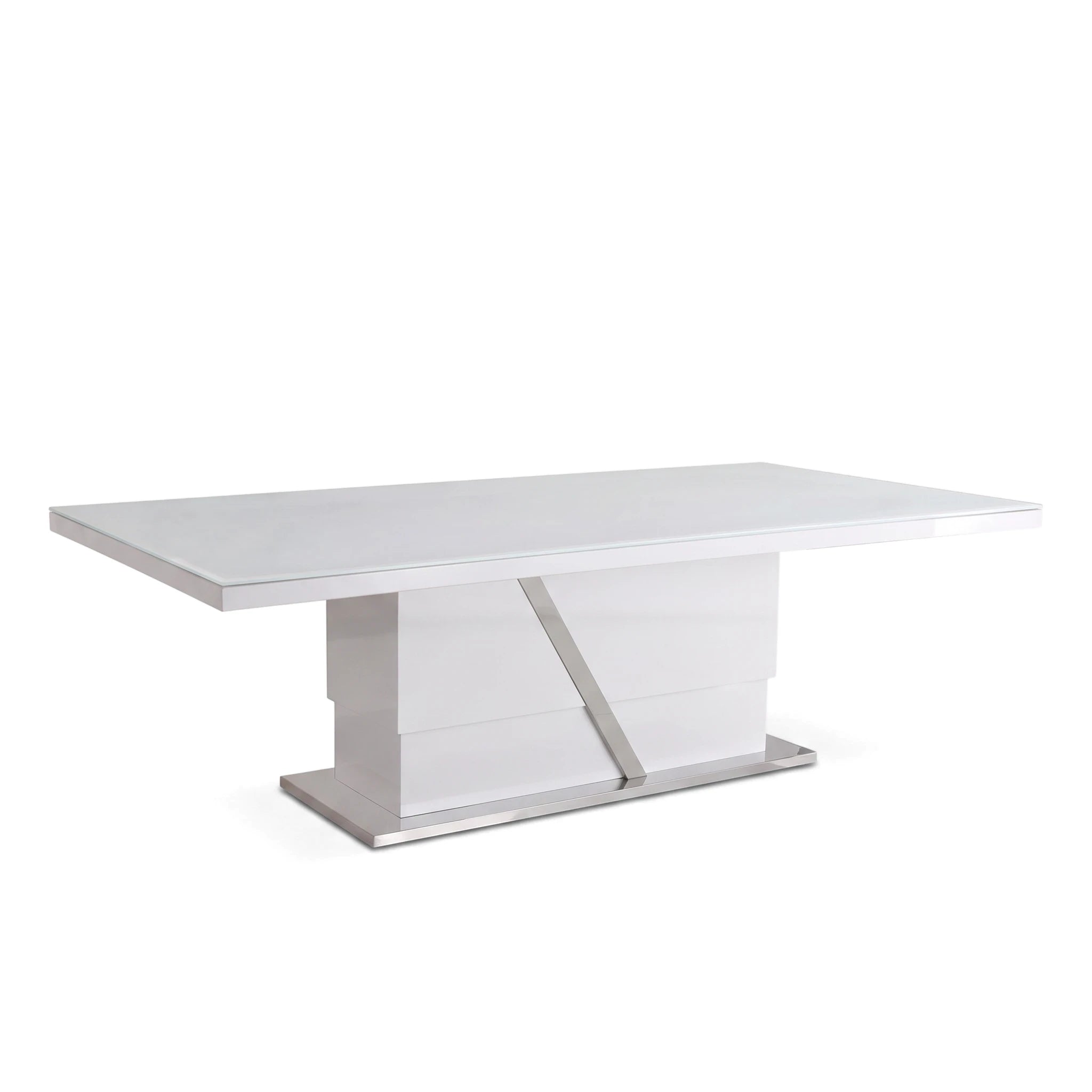 Modern Saigon MK2 dining table in white and grey, featuring a sleek glass tabletop and a sculptural base with chrome accents.