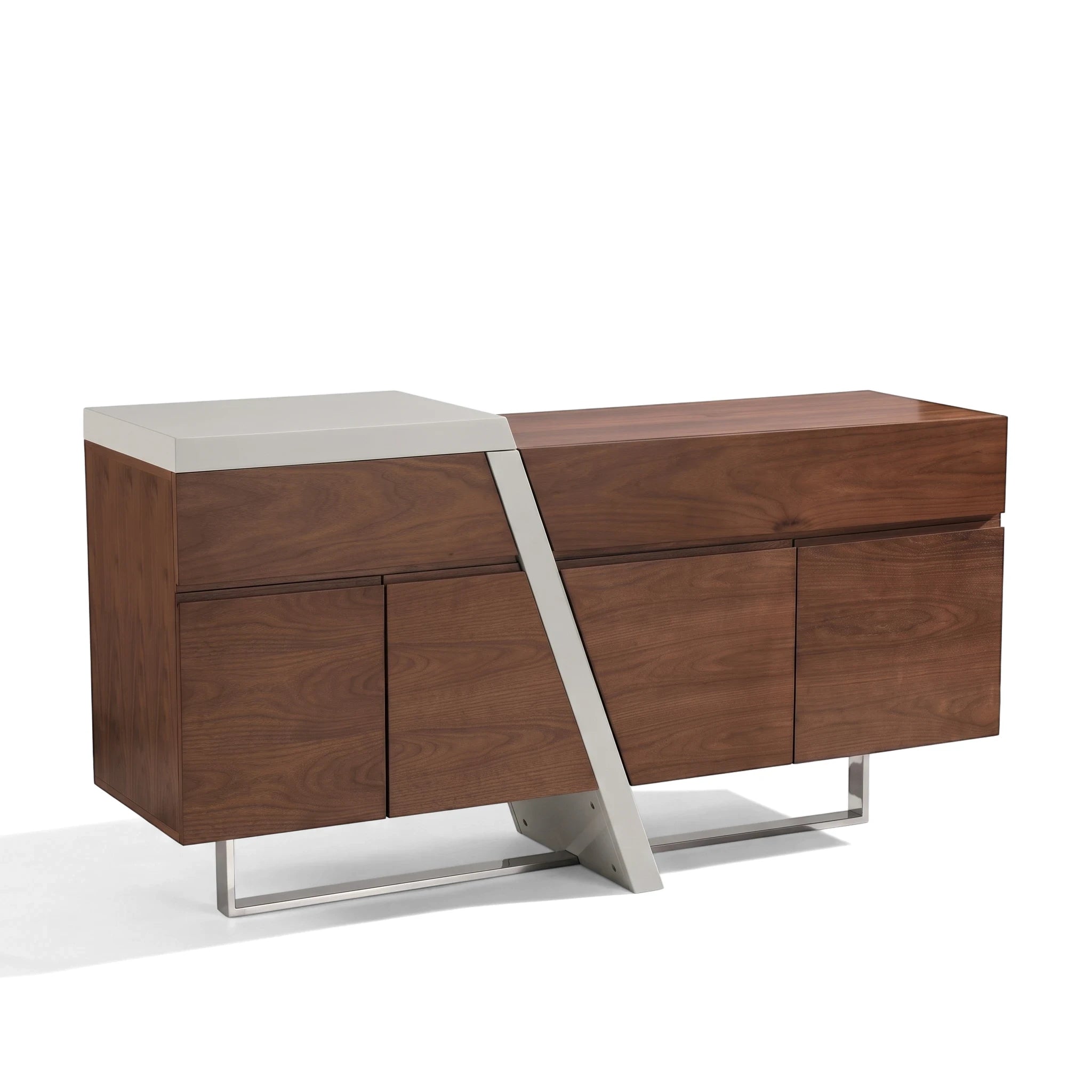 Modern Saigon MK2 sideboard in walnut and grey with an angled design and metallic base, providing ample storage.