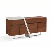 Saigon MK2 sideboard in walnut finish with a light gray top and a bold diagonal metal leg for modern storage.
