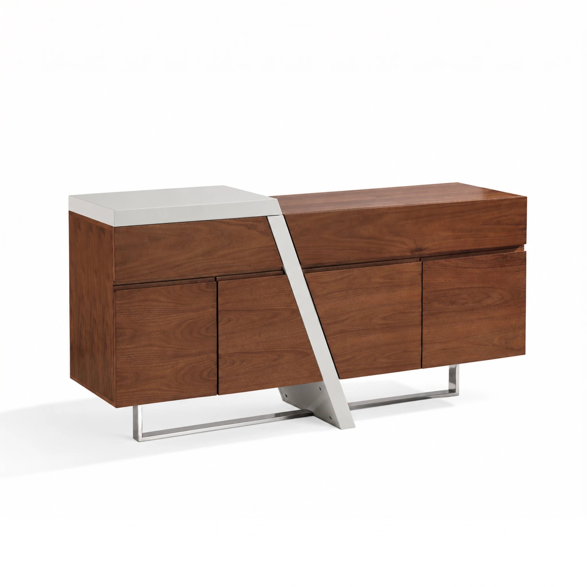 Saigon MK2 sideboard in walnut finish with a light gray top and a bold diagonal metal leg for modern storage.