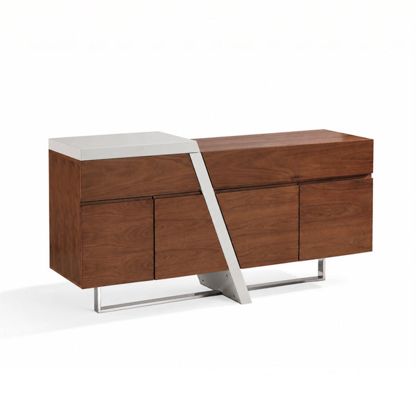 Saigon MK2 sideboard in walnut finish with a light gray top and a bold diagonal metal leg for modern storage.