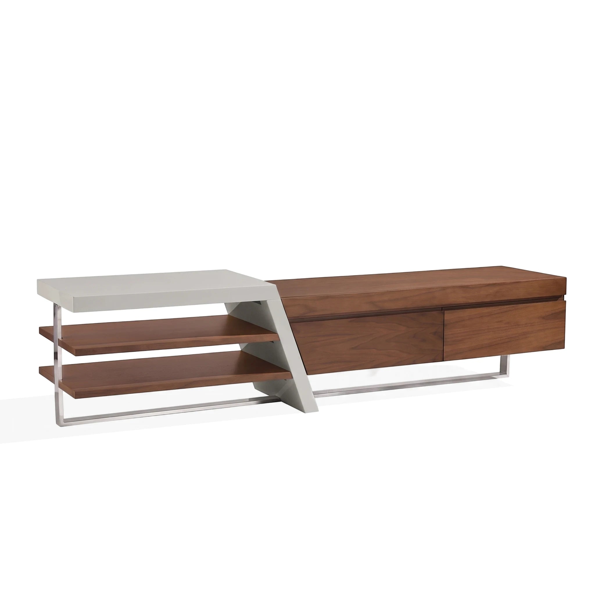 Modern Saigon MK2 TV stand in walnut and grey, featuring open shelves on one side and closed drawers on the other, on a