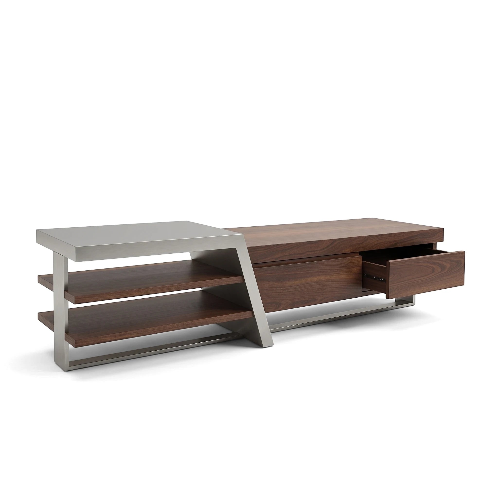 Modern Saigon MK2 TV Stand in walnut wood and grey with a brushed metal frame, featuring an open drawer and two shelves.