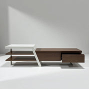 Saigon MK2 TV Stand in walnut and white with a metal frame, featuring open shelves on the left and two wood drawers on the