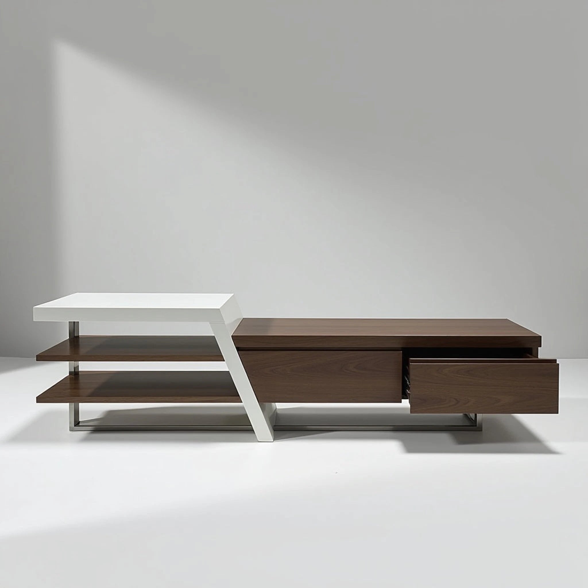 Saigon MK2 TV Stand in walnut and white with a metal frame, featuring open shelves on the left and two wood drawers on the