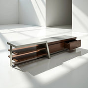 Saigon MK2 TV Stand in walnut wood with a grey metal frame, featuring open shelves and a single drawer for sleek storage.